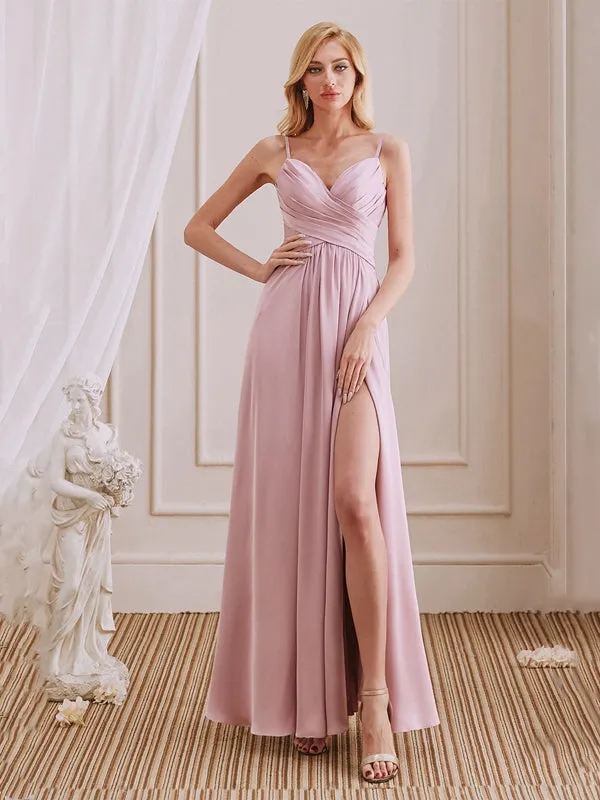Cute A-Line V-Neck Spaghetti Straps Pleated Side Slit Bridesmaid Dresses