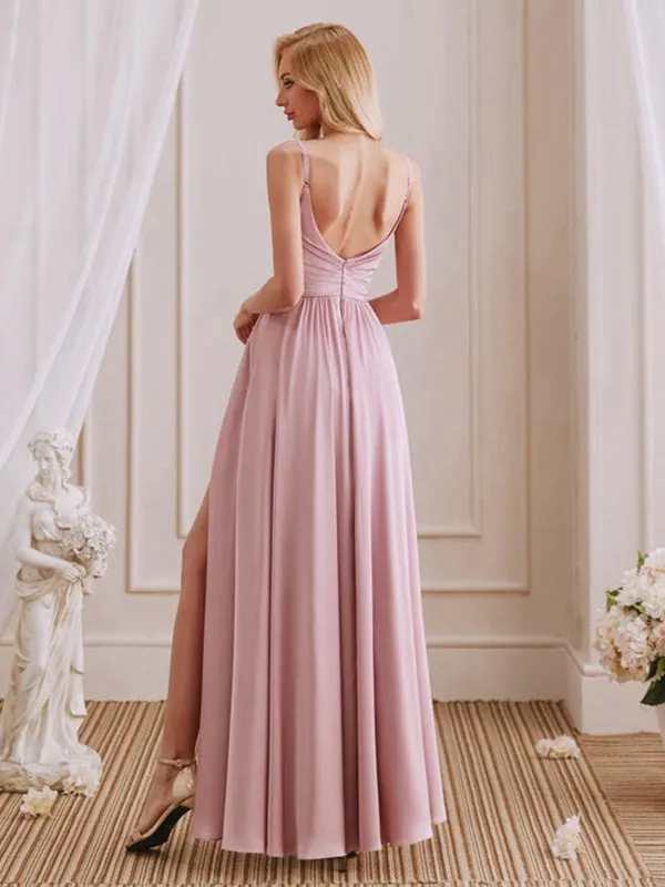 Cute A-Line V-Neck Spaghetti Straps Pleated Side Slit Bridesmaid Dresses