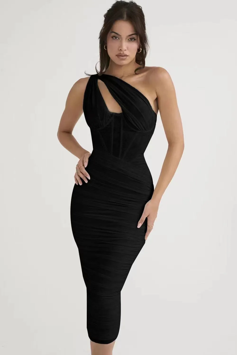 DEANWANGKT AliExpress  Independent Station EBAP Solid Color Pleated Shoulder Fishbone Hollow Dress