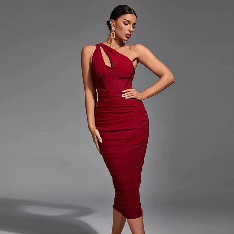 DEANWANGKT AliExpress  Independent Station EBAP Solid Color Pleated Shoulder Fishbone Hollow Dress