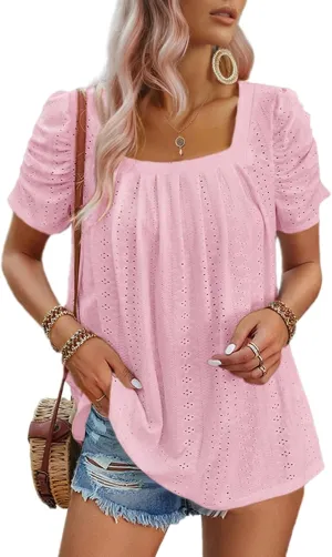 Dokotoo Women's Hollow Pleated Short Sleeves Square Neck Casual Loose Solid Color Knit T Shirts Tops Blouses