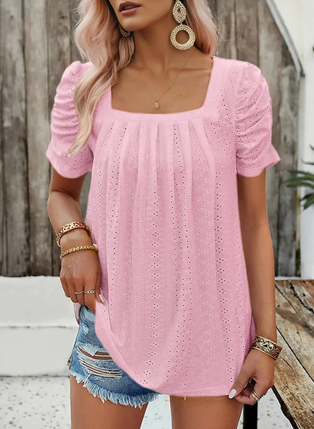 Dokotoo Women's Hollow Pleated Short Sleeves Square Neck Casual Loose Solid Color Knit T Shirts Tops Blouses