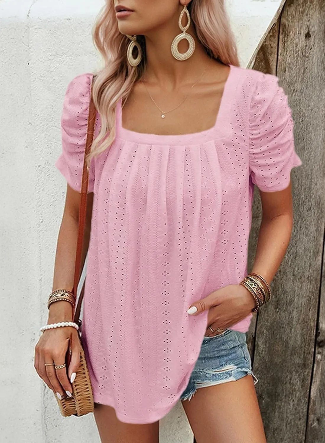 Dokotoo Women's Hollow Pleated Short Sleeves Square Neck Casual Loose Solid Color Knit T Shirts Tops Blouses