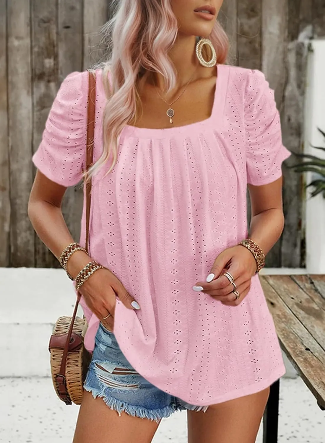 Dokotoo Women's Hollow Pleated Short Sleeves Square Neck Casual Loose Solid Color Knit T Shirts Tops Blouses