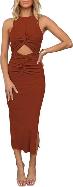 Duigluw Women's Summer Knit Sleeveless Crosscriss Cutout Ruched Bodycon Midi Dress with Slit