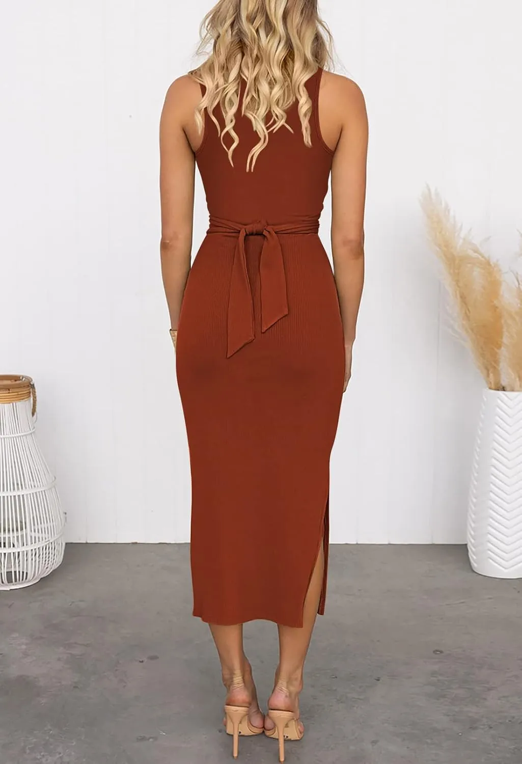 Duigluw Women's Summer Knit Sleeveless Crosscriss Cutout Ruched Bodycon Midi Dress with Slit