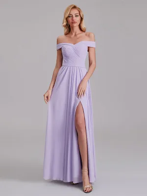 Fabulous Off The Shoulder Pleated Long Bridesmaid Dresses With Slit
