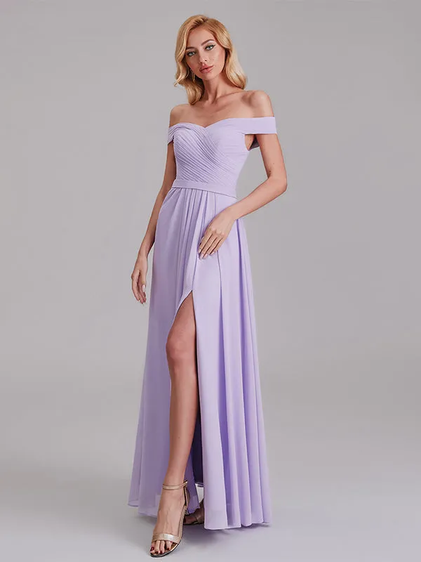 Fabulous Off The Shoulder Pleated Long Bridesmaid Dresses With Slit