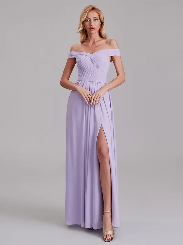 Fabulous Off The Shoulder Pleated Long Bridesmaid Dresses With Slit