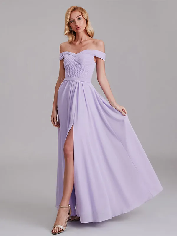 Fabulous Off The Shoulder Pleated Long Bridesmaid Dresses With Slit