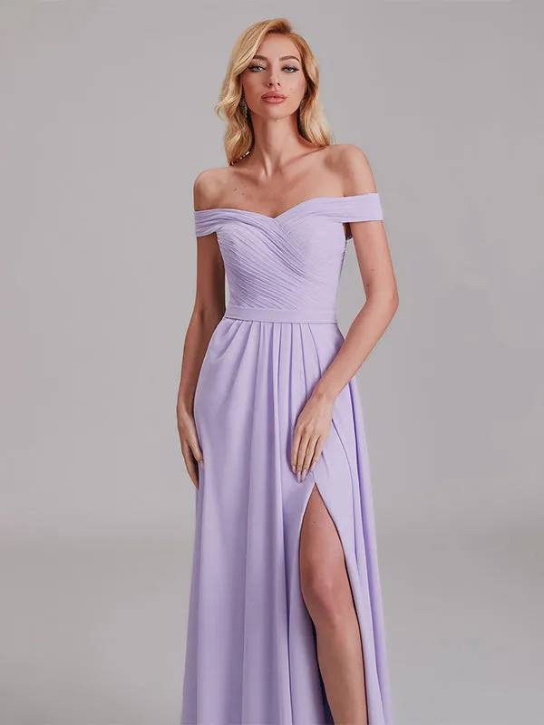 Fabulous Off The Shoulder Pleated Long Bridesmaid Dresses With Slit
