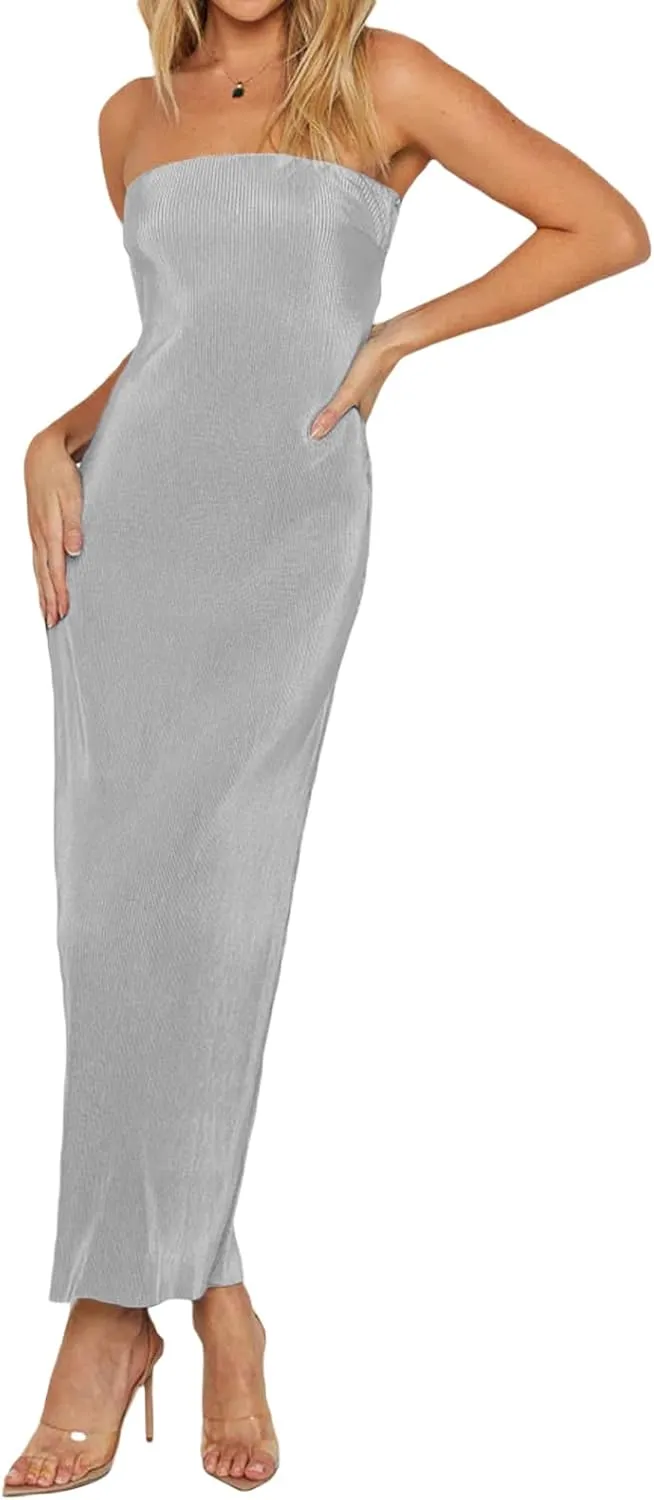Faretumiya Strapless Skinny Maxi Dress Women Basic Sleeveless Tube Tie Back Midi Dress Ribbed Solid A-line Formal Dress