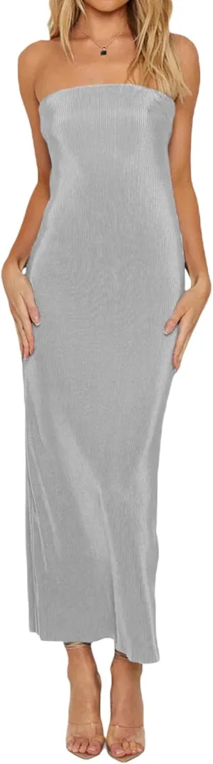 Faretumiya Strapless Skinny Maxi Dress Women Basic Sleeveless Tube Tie Back Midi Dress Ribbed Solid A-line Formal Dress