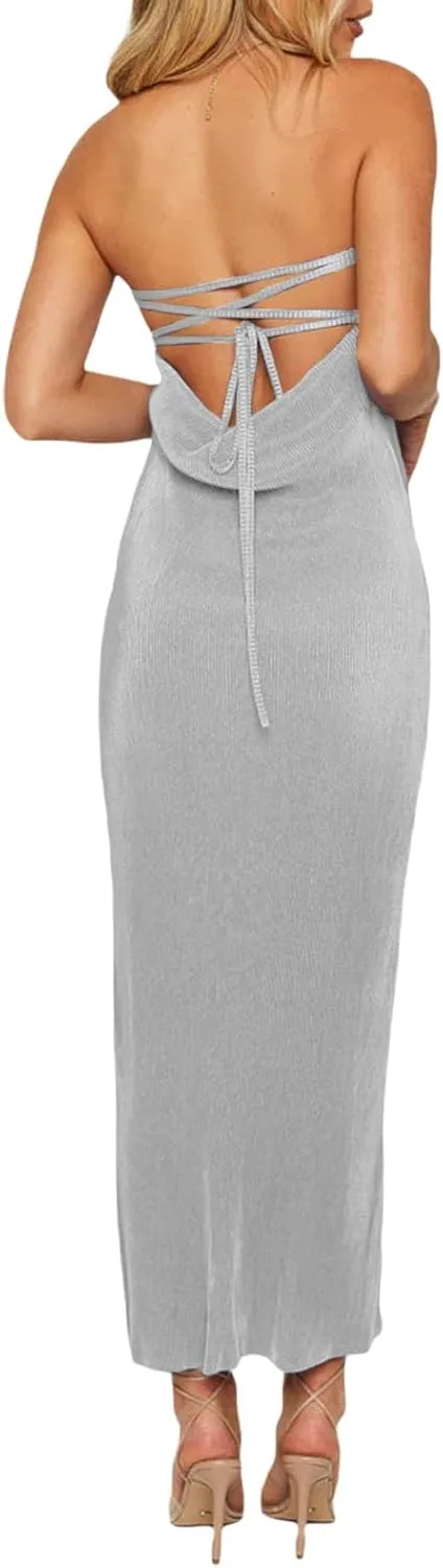 Faretumiya Strapless Skinny Maxi Dress Women Basic Sleeveless Tube Tie Back Midi Dress Ribbed Solid A-line Formal Dress