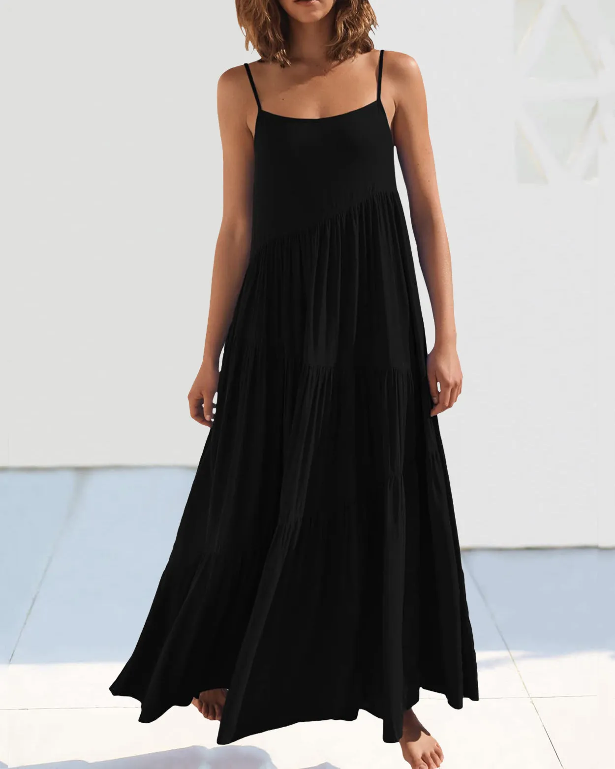 Loose Strap Beach Solid Pleated Dress