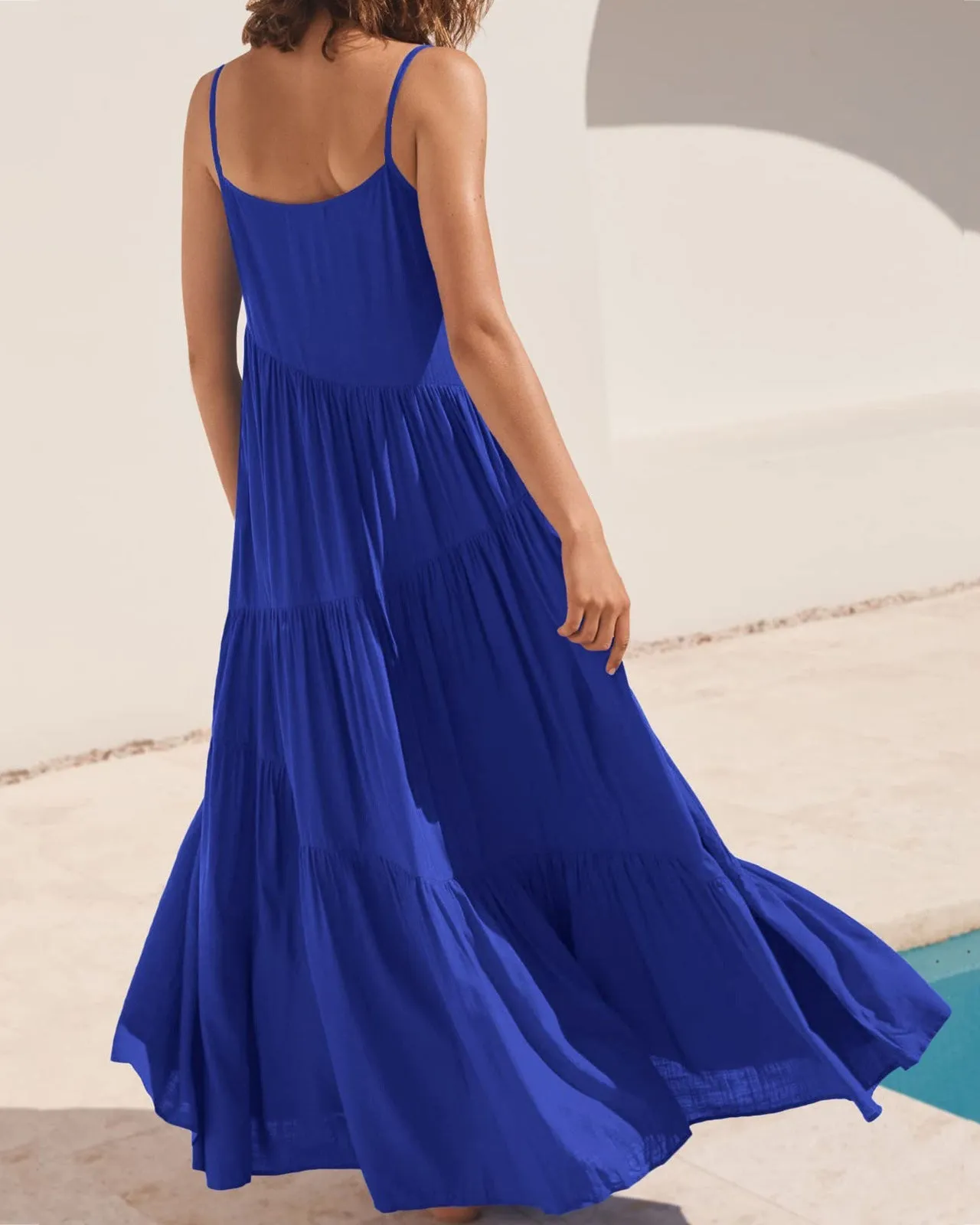 Loose Strap Beach Solid Pleated Dress