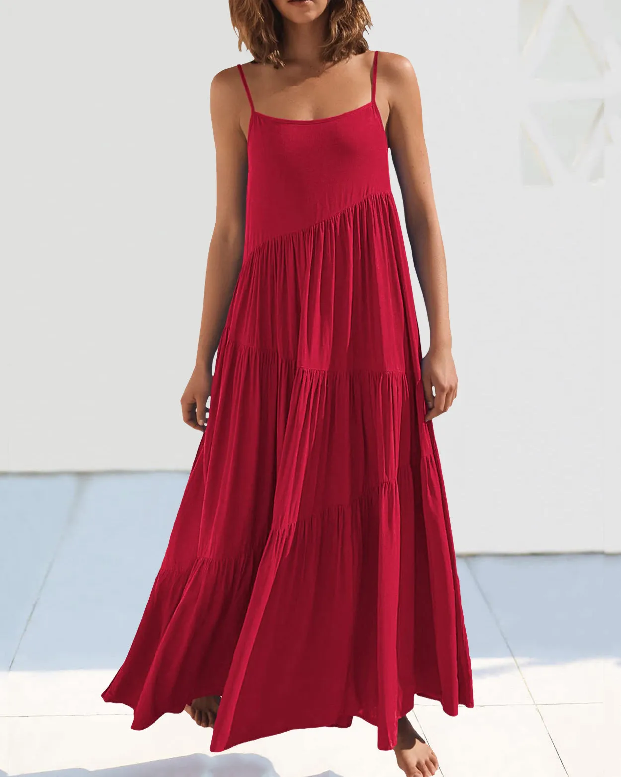 Loose Strap Beach Solid Pleated Dress