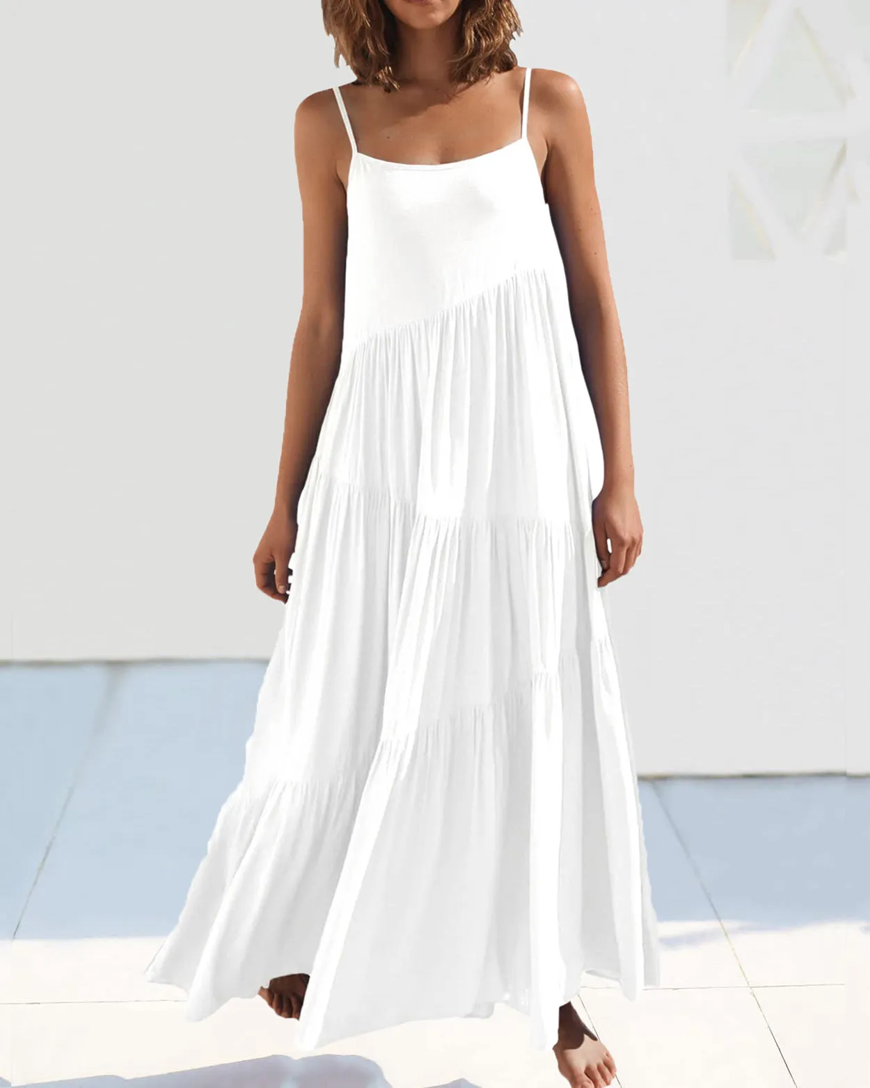 Loose Strap Beach Solid Pleated Dress