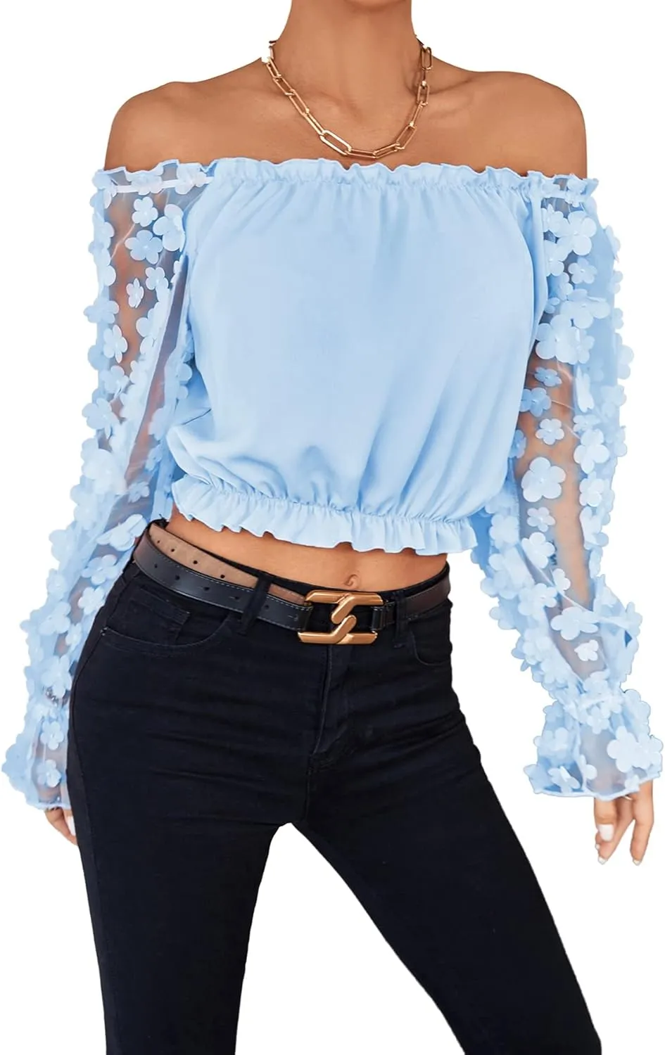 LYANER Women's Off Shoulder Floral Mesh Long Sleeve Ruffle Trim Crop Blouse Top