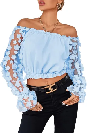 LYANER Women's Off Shoulder Floral Mesh Long Sleeve Ruffle Trim Crop Blouse Top