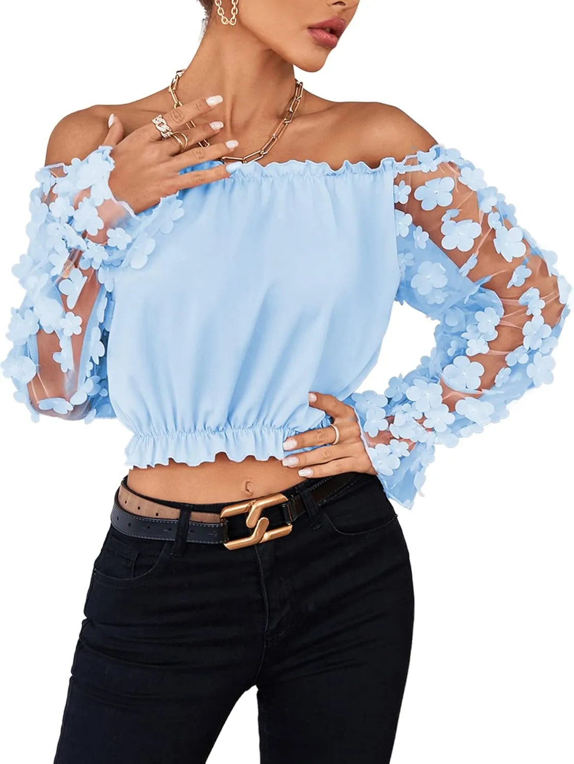 LYANER Women's Off Shoulder Floral Mesh Long Sleeve Ruffle Trim Crop Blouse Top