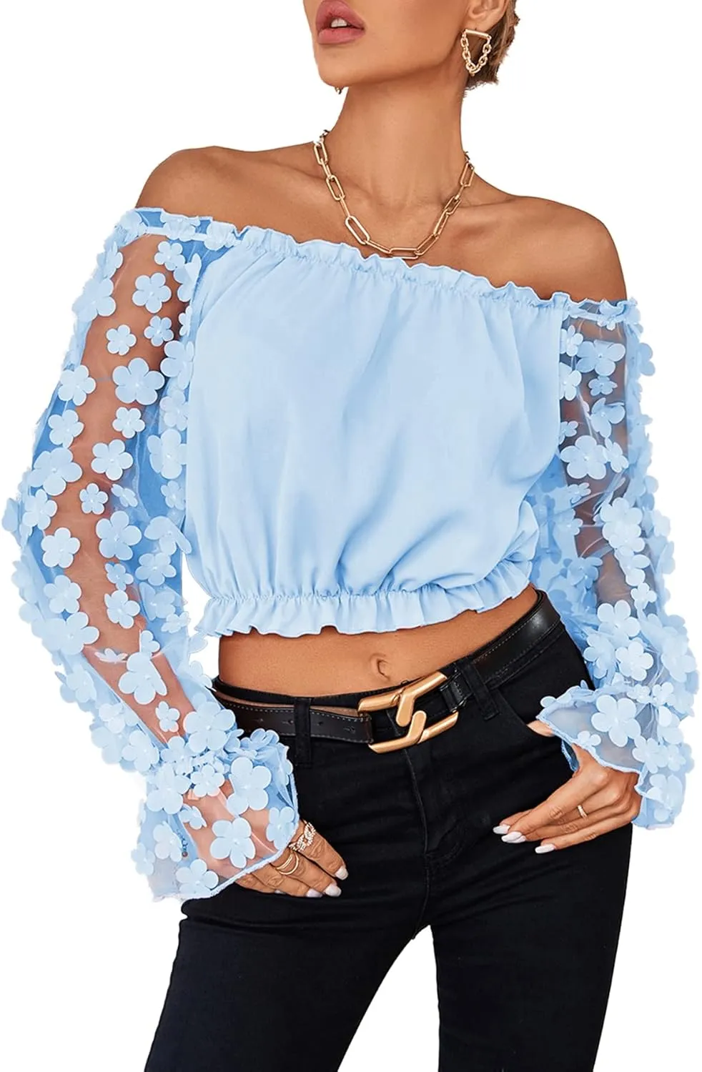 LYANER Women's Off Shoulder Floral Mesh Long Sleeve Ruffle Trim Crop Blouse Top