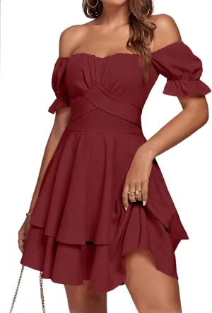 LYANER Women's Tie Back Off Shoulder Wrap Layer Ruffle Short Sleeve Mini Dress