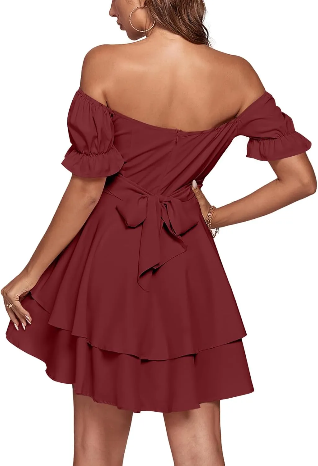 LYANER Women's Tie Back Off Shoulder Wrap Layer Ruffle Short Sleeve Mini Dress