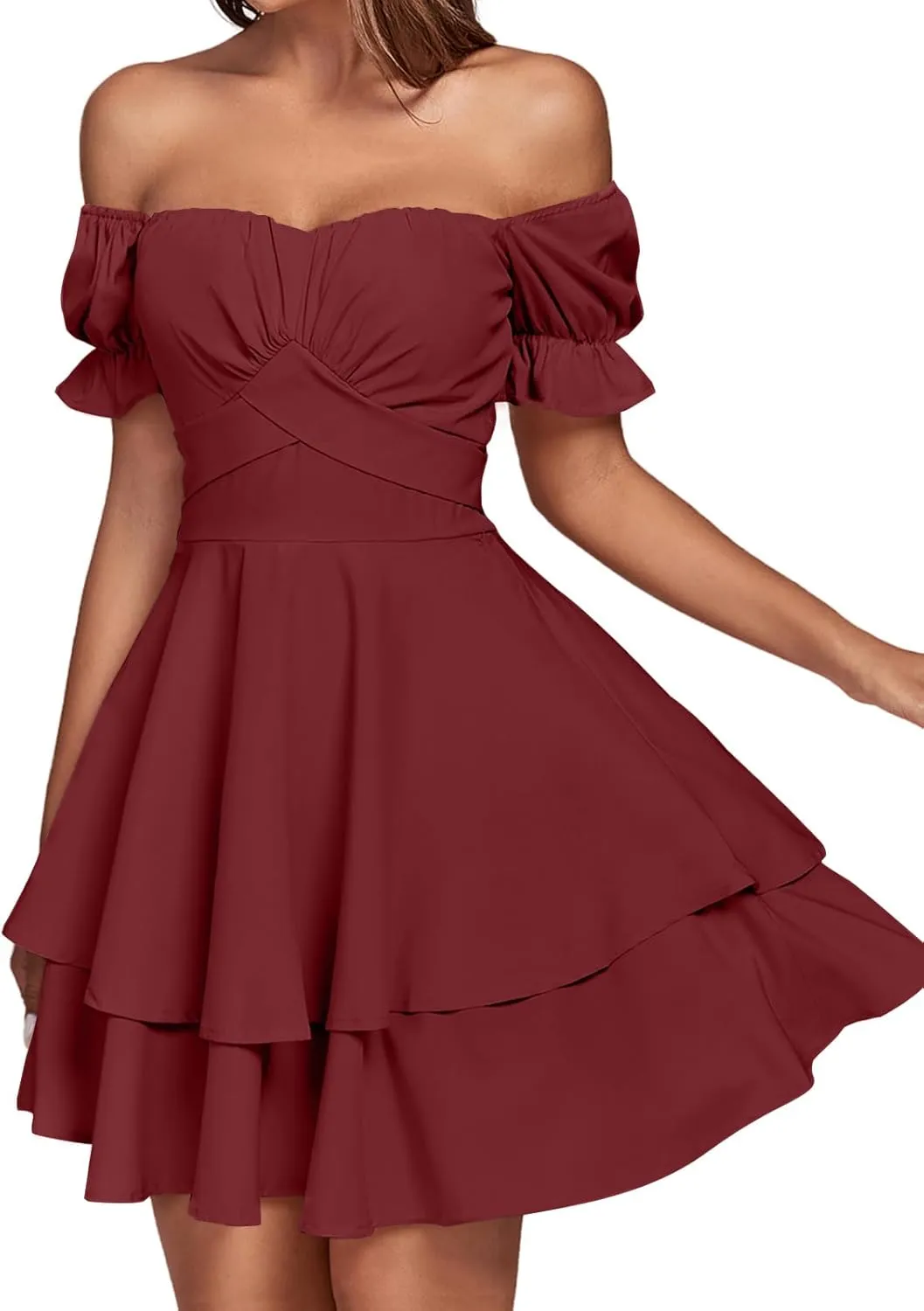 LYANER Women's Tie Back Off Shoulder Wrap Layer Ruffle Short Sleeve Mini Dress