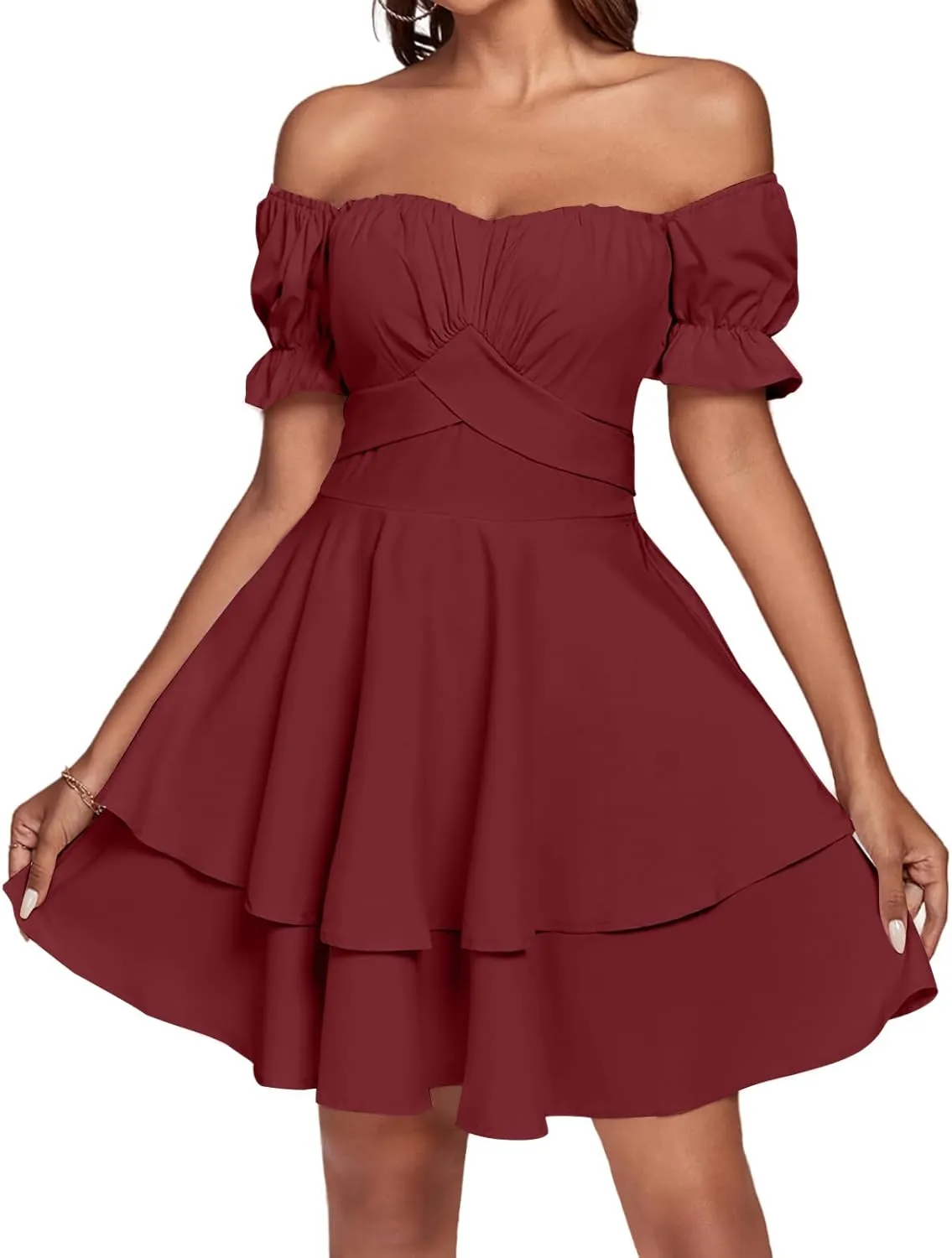 LYANER Women's Tie Back Off Shoulder Wrap Layer Ruffle Short Sleeve Mini Dress