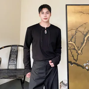 Male T-shirt New Chinese Style Round Collar Knot Button Solid Color Men's Long Sleeve Tops Vintage Autumn Chic 9C3165