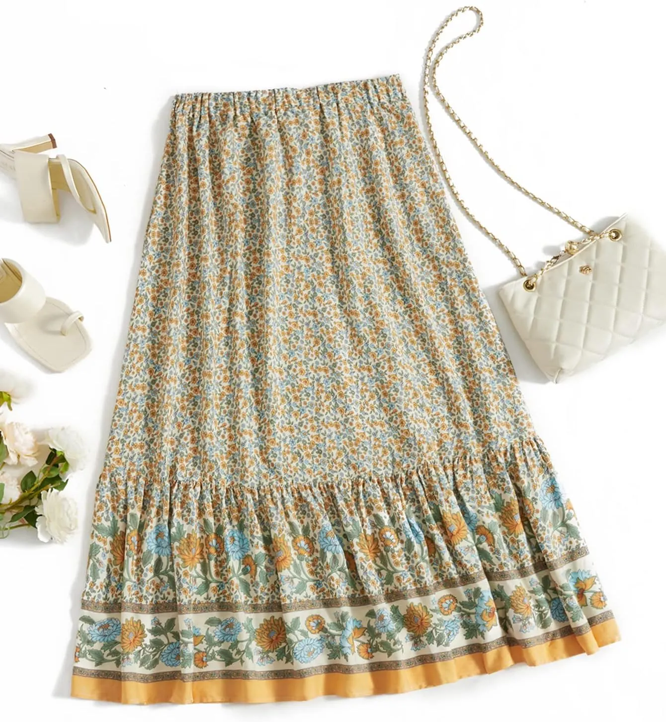 Milumia Women Boho Vintage Floral Print Long Skirt Summer Tiered Maxi Skirt