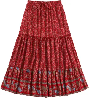 Milumia Women Boho Vintage Floral Print Long Skirt Summer Tiered Maxi Skirt