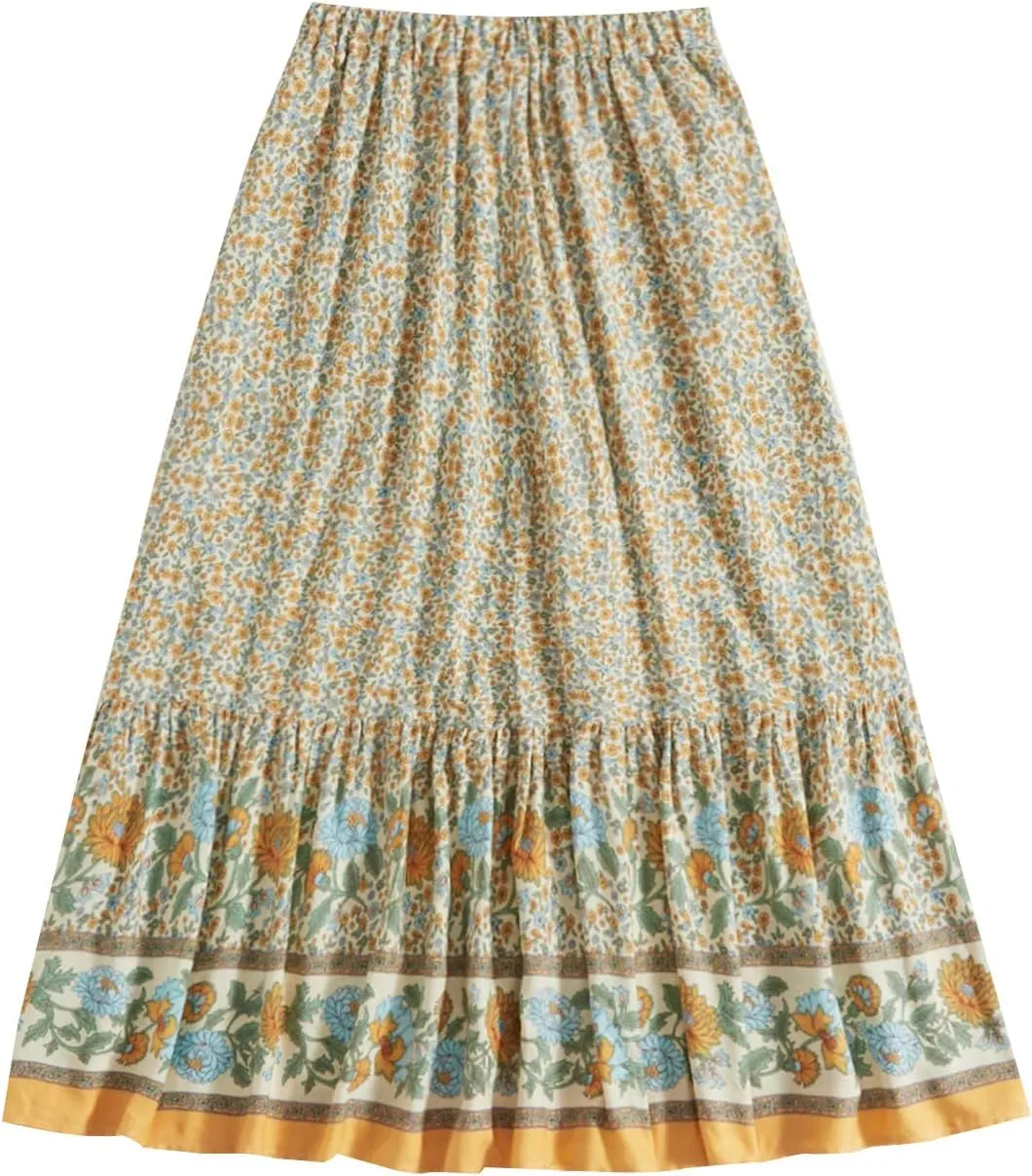 Milumia Women Boho Vintage Floral Print Long Skirt Summer Tiered Maxi Skirt