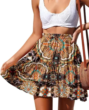 NASHALYLY Women's Summer Boho Floral Print Mini Skirt High Waist Drawstring Tiered Skirts