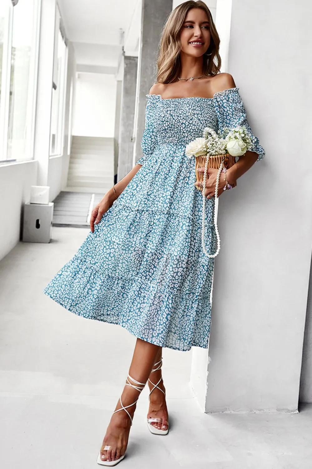 Off-Shoulder Smocked Midi Dress