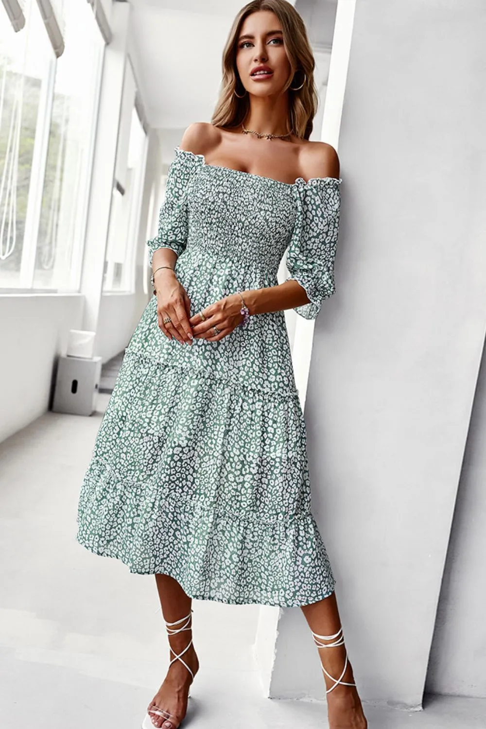 Off-Shoulder Smocked Midi Dress