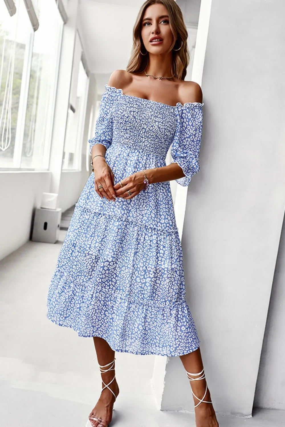 Off-Shoulder Smocked Midi Dress