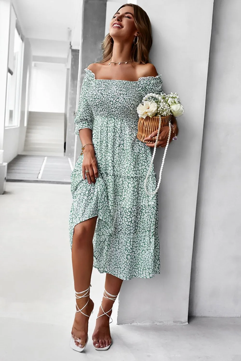 Off-Shoulder Smocked Midi Dress