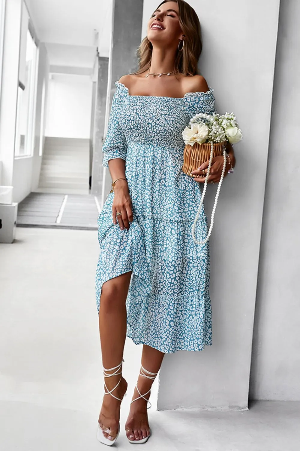 Off-Shoulder Smocked Midi Dress