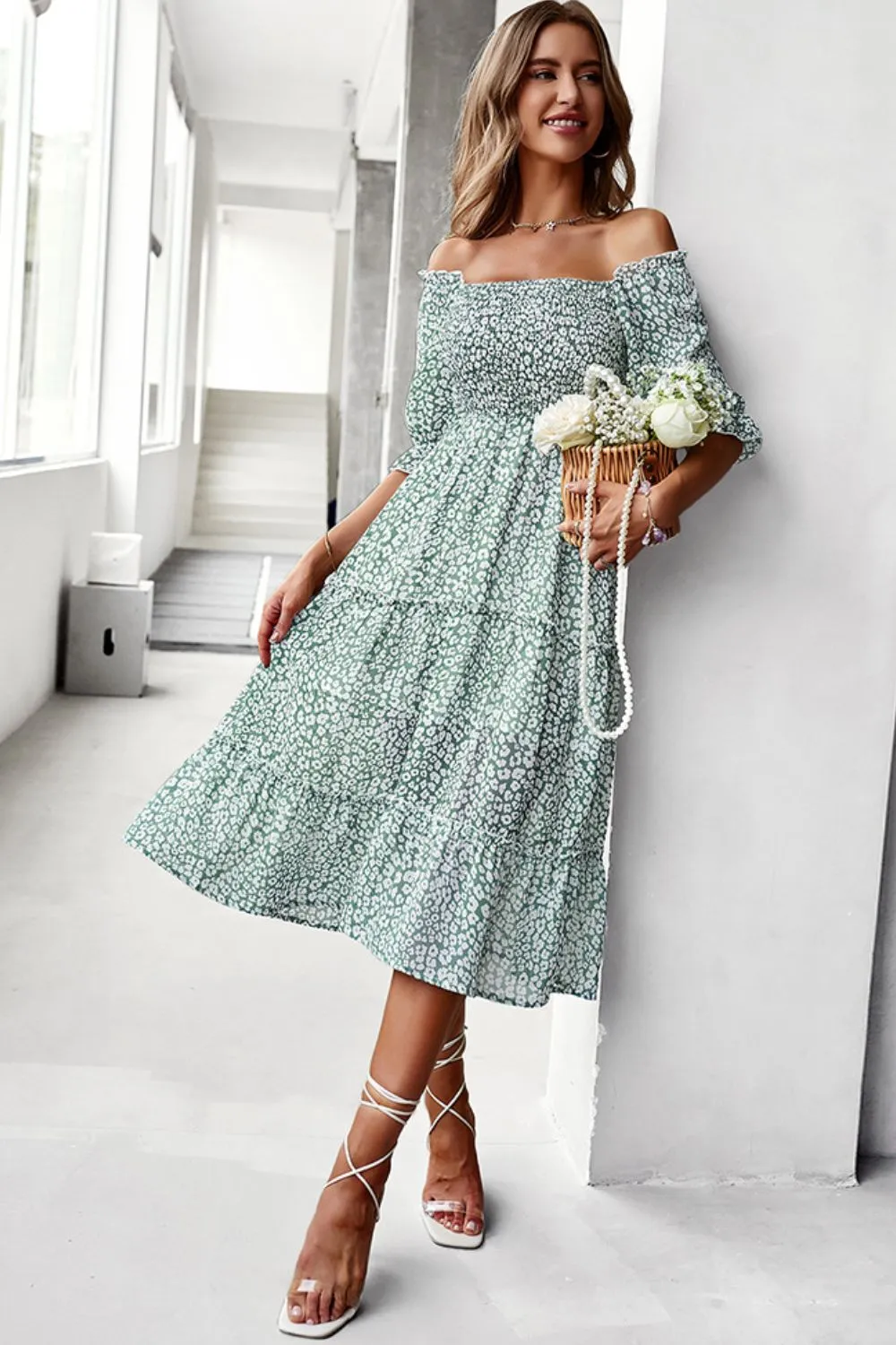 Off-Shoulder Smocked Midi Dress