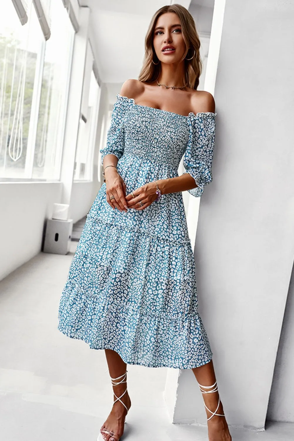 Off-Shoulder Smocked Midi Dress