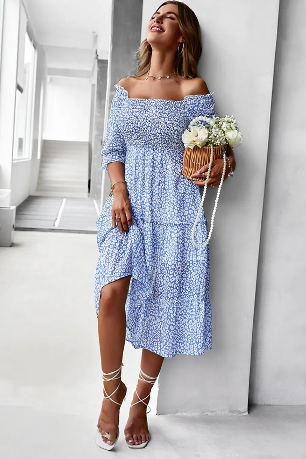 Off-Shoulder Smocked Midi Dress