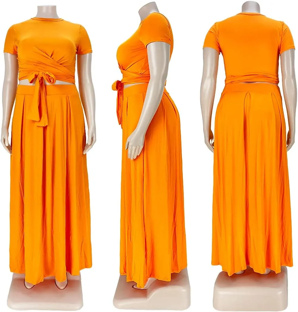 Ophestin Womens Plus Size 2 Piece Dress Outfits Solid Color Crop Top Maxi Skirts Set