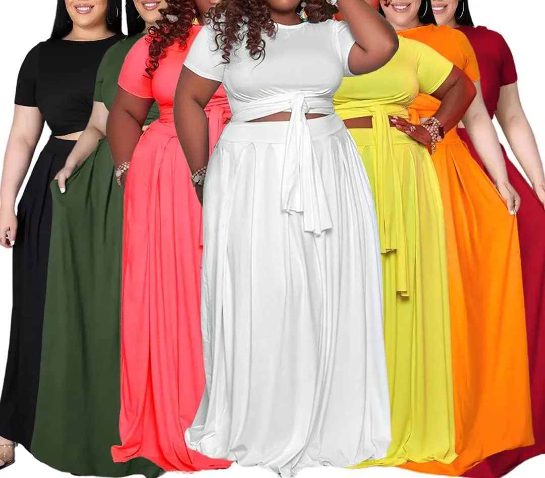 Ophestin Womens Plus Size 2 Piece Dress Outfits Solid Color Crop Top Maxi Skirts Set