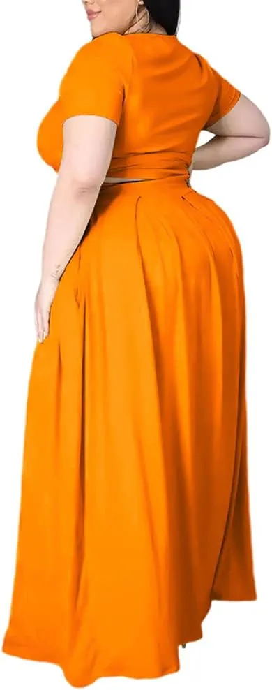 Ophestin Womens Plus Size 2 Piece Dress Outfits Solid Color Crop Top Maxi Skirts Set