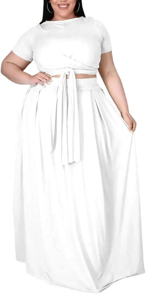 Ophestin Womens Plus Size 2 Piece Dress Outfits Solid Color Crop Top Maxi Skirts Set