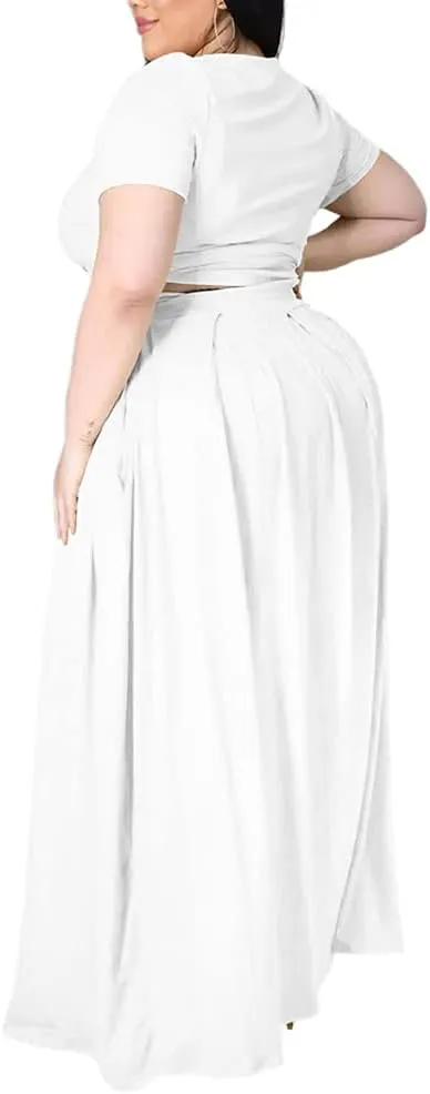Ophestin Womens Plus Size 2 Piece Dress Outfits Solid Color Crop Top Maxi Skirts Set