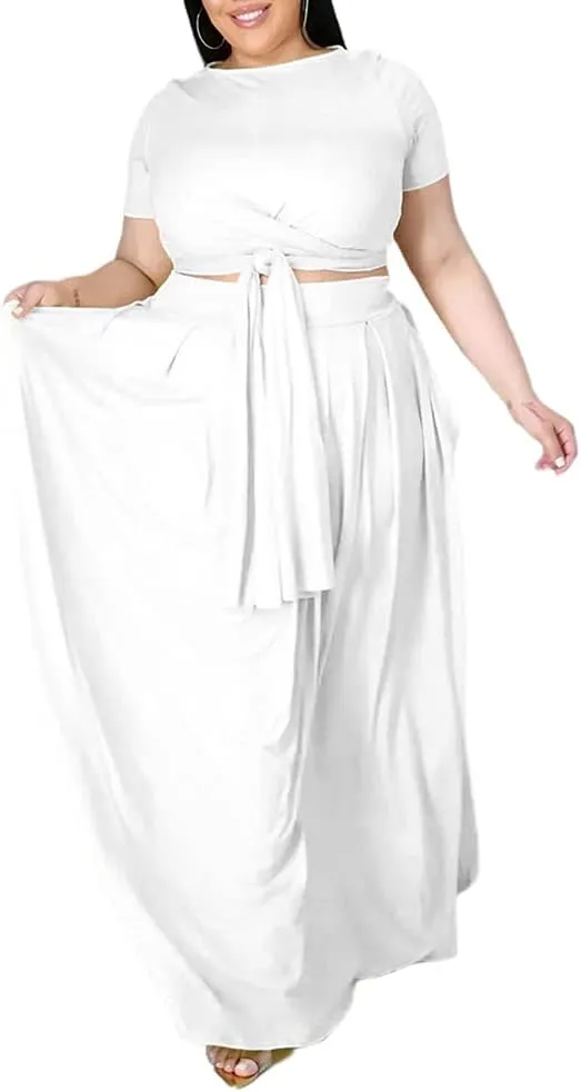 Ophestin Womens Plus Size 2 Piece Dress Outfits Solid Color Crop Top Maxi Skirts Set