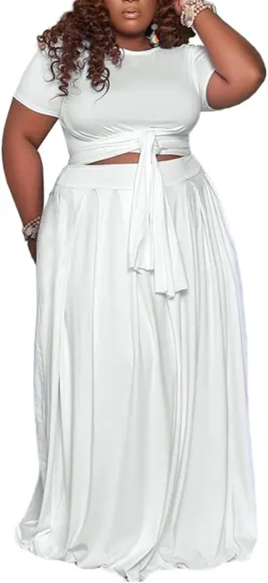 Ophestin Womens Plus Size 2 Piece Dress Outfits Solid Color Crop Top Maxi Skirts Set